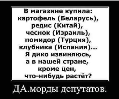 В магазине купила картофель Беларусь редис Китай чеснок Израиль помицор Турции клубника Испания я дико извиняюсь а в нашей стране кроме цен что нибудь растёт ДАморДЫ депутатов