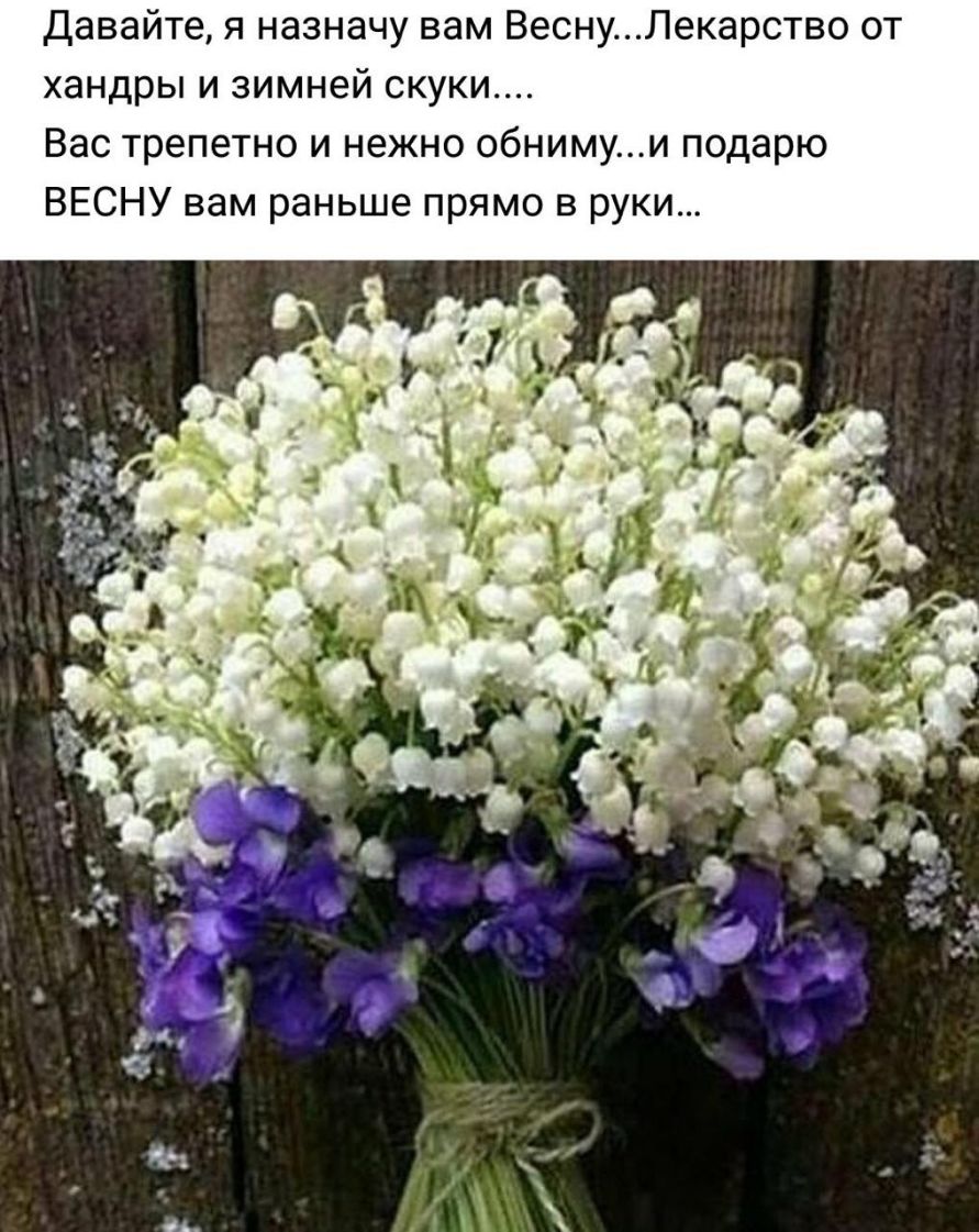 Давайте я назначу вам ВеснуЛекарство от хандры и зимней скуки Вас трепетно и нежно обнимуи подарю ВЕСНУ вам раньше прямо в руки
