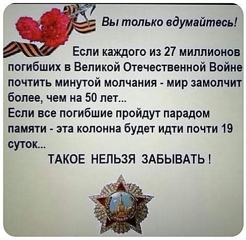 Вы только вдумайтесь Если каждого из 27 миллионов погибших в Вепикой Отечественной Войне почтить минутой молчания мир замолчит более чем на 50 лет Если все погибшие пройдут парадом памяти эта колонна будет идти почти 19 суток ТАКОЕ НЕЛЬЗЯ ЗАБЫВАТЬ