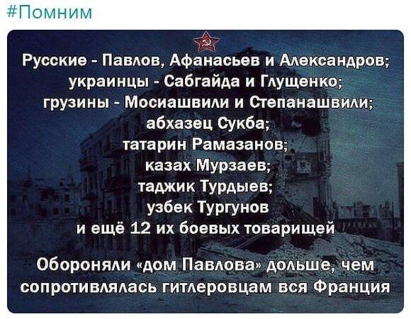 П о м н и м 33 Русские Павдов Афанасьев и ААвксанАров украинцы Сабгайда и ГАущвнко грузины Мосиашвиди и Степгтнашвьми абхазец Сукба татарин Рамазанов казах Мурзаев таджик Турдыев узбек Тургунов и ещё 12 их боевых товарищей Обороняии дом Павлова Аомьше чем сопротивАядась гитлеровцам вся Франция