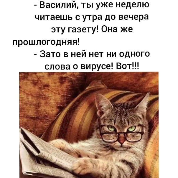 Василий ты уже неделю читаешь с утра до вечера эту газету Она же прошлогодняя Зато в ней нет ни одного слова о вирусе Вот