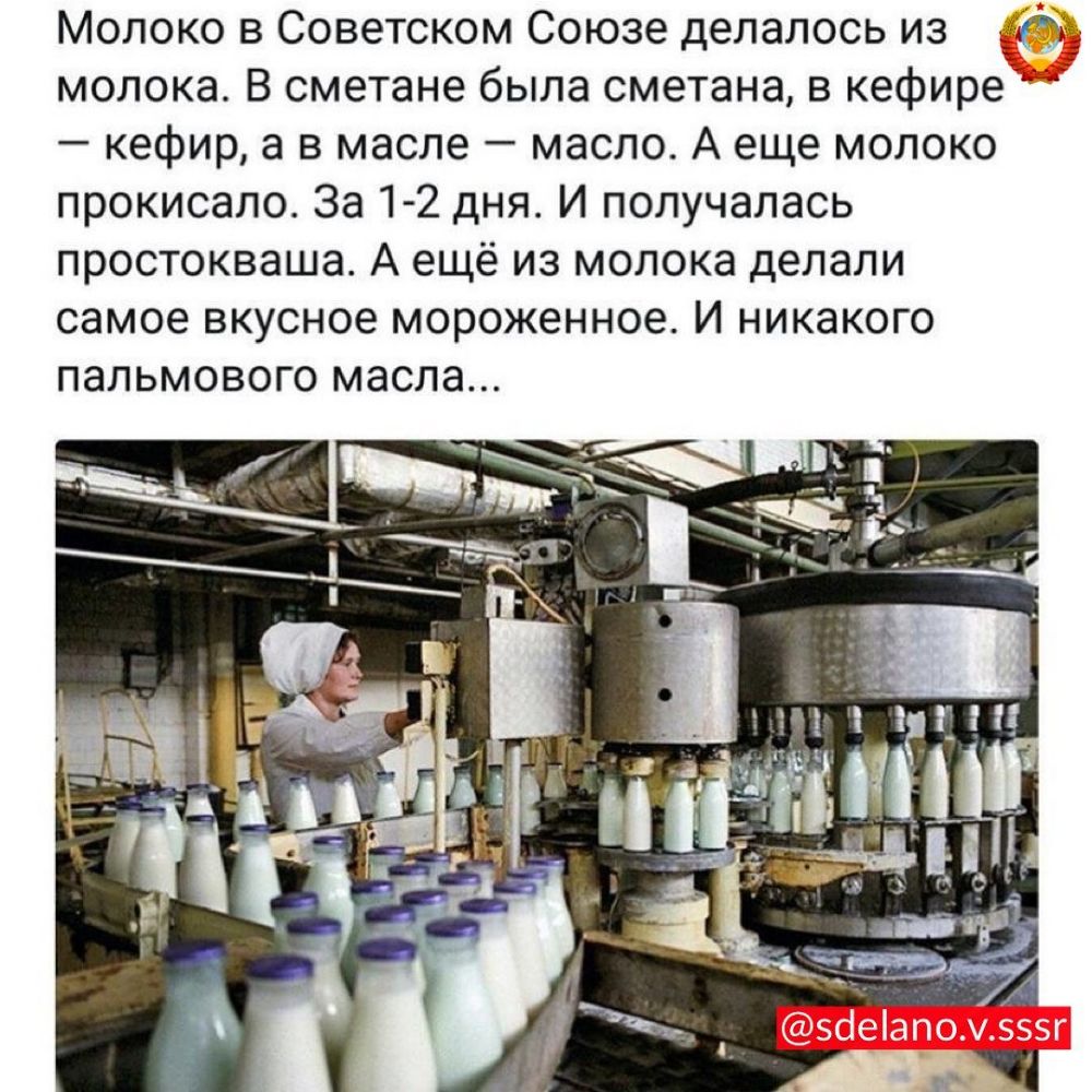 Молоко в Советском Союзе делалось из молока В сметане была сметана в кефире кефир а в масле масло А еще молоко прокисало За 1 2 дня И получалась простокваша А ещё из молока делали самое вкусное мороженное И никакого ПЭЛЬМОВОГО масла