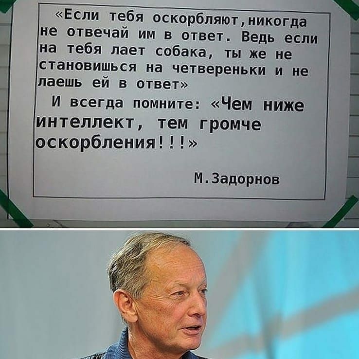 Если тебя оскорбляютникогда не отвечай им в ответ Ведь если на тебя лает собака ты же не тем громче оскорбления МЗадорнов