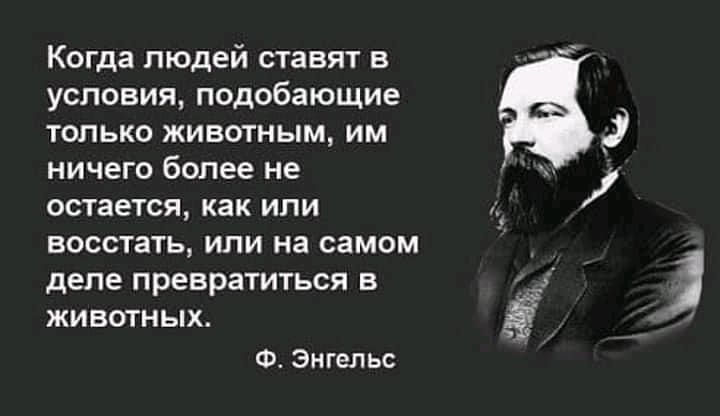Когда людей ставят в условия подобающие только животным им ничего более не остается как или восстать или на самом деле превратиться в животных Ф Энгельс