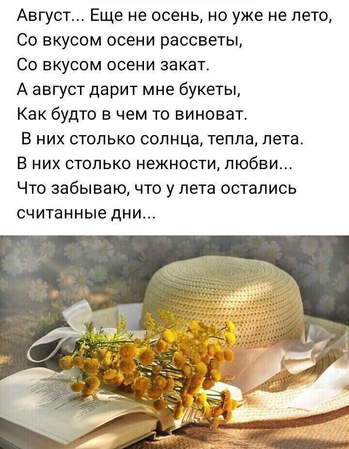 Август Еще не осень но уже не лето 00 вкусом осени рассветы Со вкусом осени закат А август дарит мне букеты Как будто в чем то виноват В них столько солнца тепла лета В них столько нежности любви Что забываю что у лета остались считанные дни
