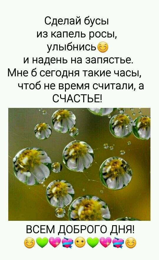 Сделай бусы из капель росы улыбнись и надень на запястье Мне 6 сегодня такие часы чтоб не время считали а СЧАСТЬЕ 3 ВСЕМ ДОБРОГО ДНЯ Оюгдбюгф