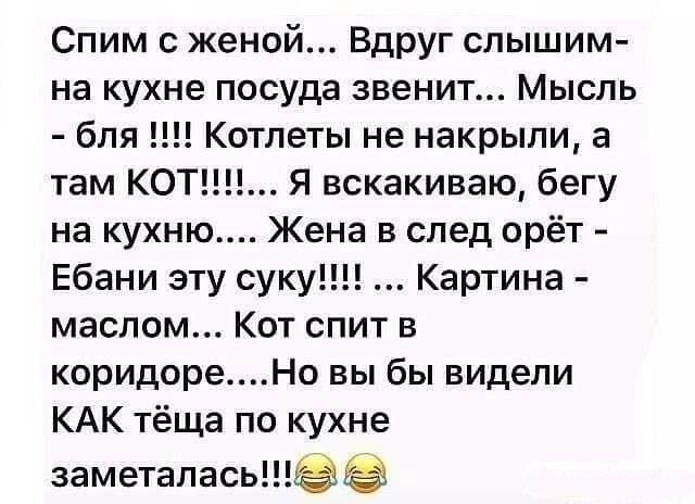 Спим с женой Вдруг слышим на кухне посуда звенит Мысль бля Котлеты не накрыли а там КОТ Я вскакиваю бегу на кухню Жена в след орёт Ебани эту суку Картина маслом Кот спит в коридореНо вы бы видели КАК тёща по кухне заметалась