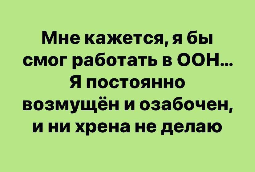 Мне кажется я бы смог работать в ООН Я постоянно возмущён и озабочен и ни хрена не делаю