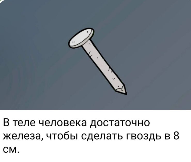 В Теле человека дОСТаТОЧНО железа чтобы сделать гвоздь в 8 см