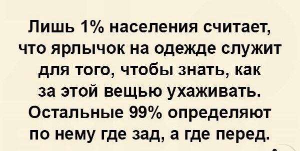 Лишь 1 населения считает что ярлычок на одежде служит для того чтобы знать как за этой вещью ухаживать Остальные 99 определяют по нему где зад а где перед