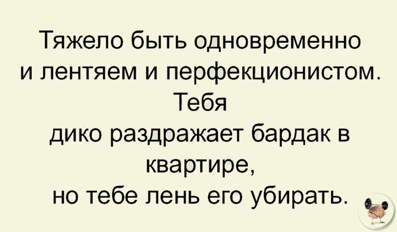 Тяжело быть одновременно и пентяем и перфекционистом Тебя дико раздражает бардак в квартире но тебе пень его убирать