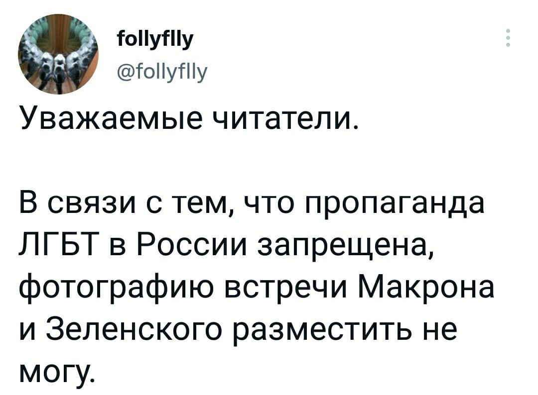 гоппушу гопіуту Уважаемые читатели В связи с тем что пропаганда ЛГБТ в России запрещена фотографию встречи Макрона и Зеленского разместить не могу