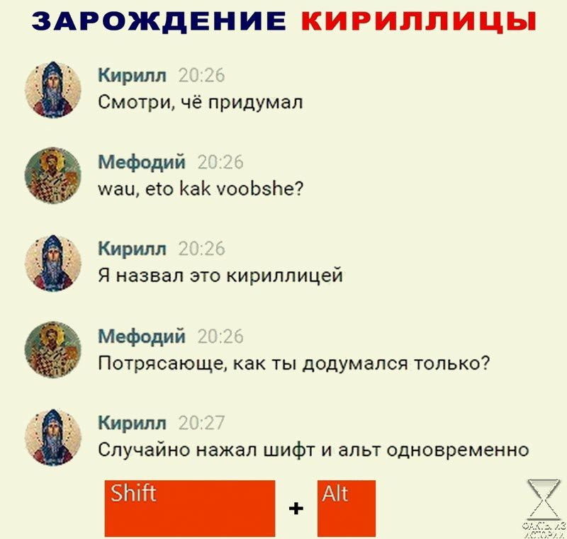 ЗАРОЖДЕНИЕ КИРИПЛИЦЫ Кирилл Смотри чё придумал Мефдий шви ею КаК чоаЬзЬе Кирилл я назвал это кириллицей МВФодий Потрясающе как ты додумался только Кирилл Случайно нажал шиФт и злы одновременно _ _