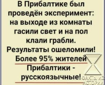 В Прибалтике был проведён эксперимент на выходе из комнаты гасили свет и на пол клали грабли Результаты ошеломигщ Более 95 жителей Прибалтики русскоязычные