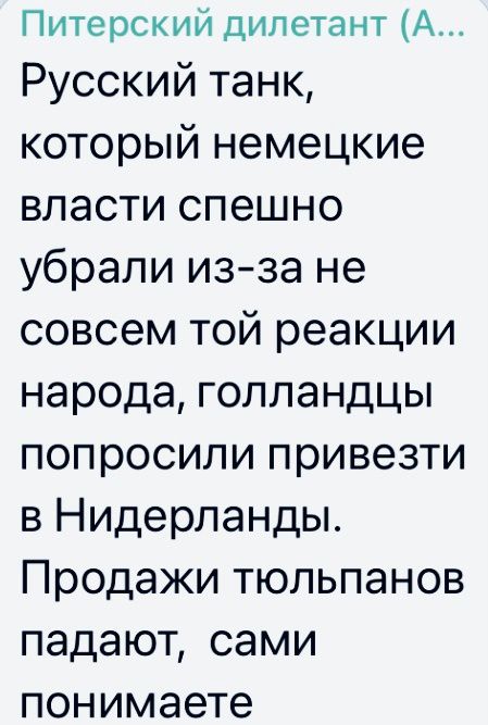 Питерский дилетант А Русский танк который немецкие власти спешно убрали изза не совсем той реакции народа голландцы попросили привезти в Нидерланды Продажи тюльпанов падают сами понимаете