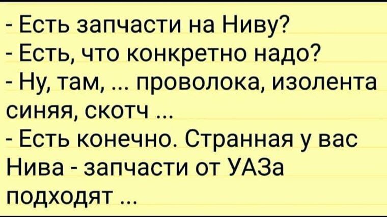 Есть запчасти на Ниву Есть что конкретно надо Ну там проволока изолента синяя скотч Есть конечно Странная у вас Нива запчасти от УАЗа подходят