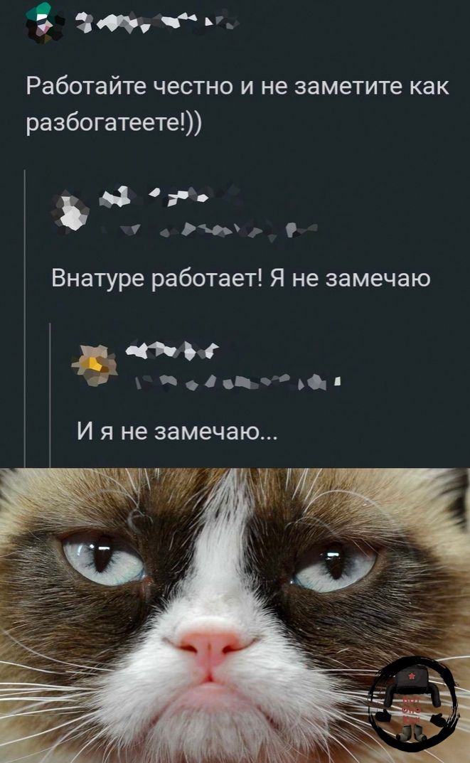 о Зоип Работайте честно и не заметите как разбогатеете Г 1 Внатуре работает Я не замечаю Фтітъц И я не замечаю х