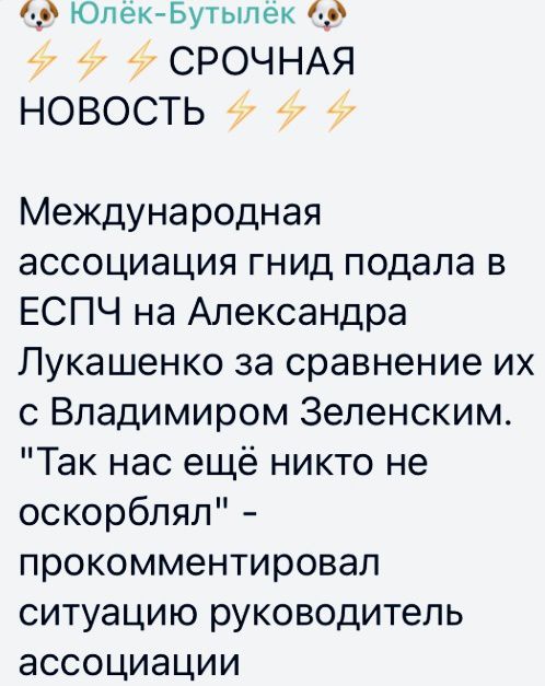 о Юлек Бутыпек СРОЧНАЯ новость Международная ассоциация гнид подала в ЕСПЧ на Александра Лукашенко за сравнение их с Владимиром Зеленским Так нас ещё никто не оскорблял прокомментировал ситуацию руководитель ассоциации