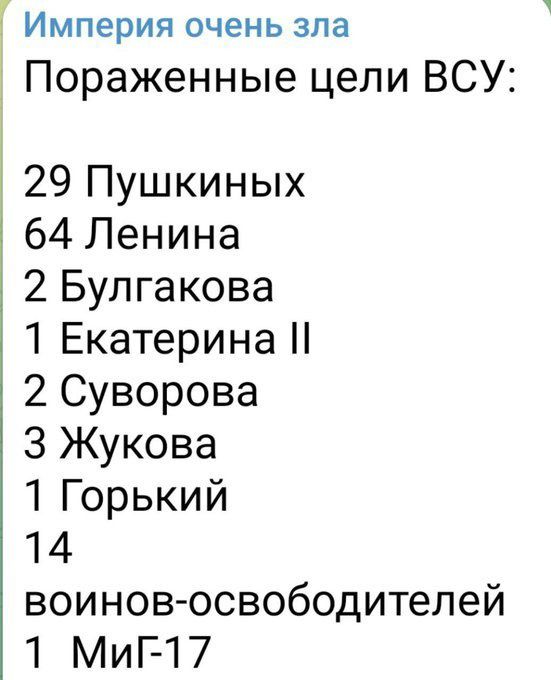 Империя ОЧЕНЬ зла Пораженные цели ВСУ 29 Пушкиных 64 Ленина 2 Булгакова 1 Екатерина 2 Суворова 3 Жукова 1 Горький 14 воинов освободителей 1 МиГ 17
