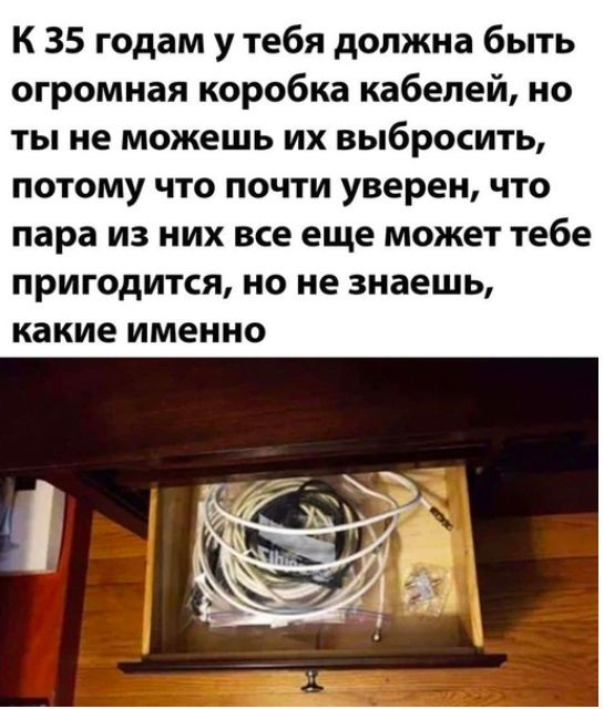К 35 годам у тебя должна быть огромная коробка кабелей но ты не можешь их выбросить потому что почти уверен что пара из них все еще может тебе пригодится но не знаешь какие именно