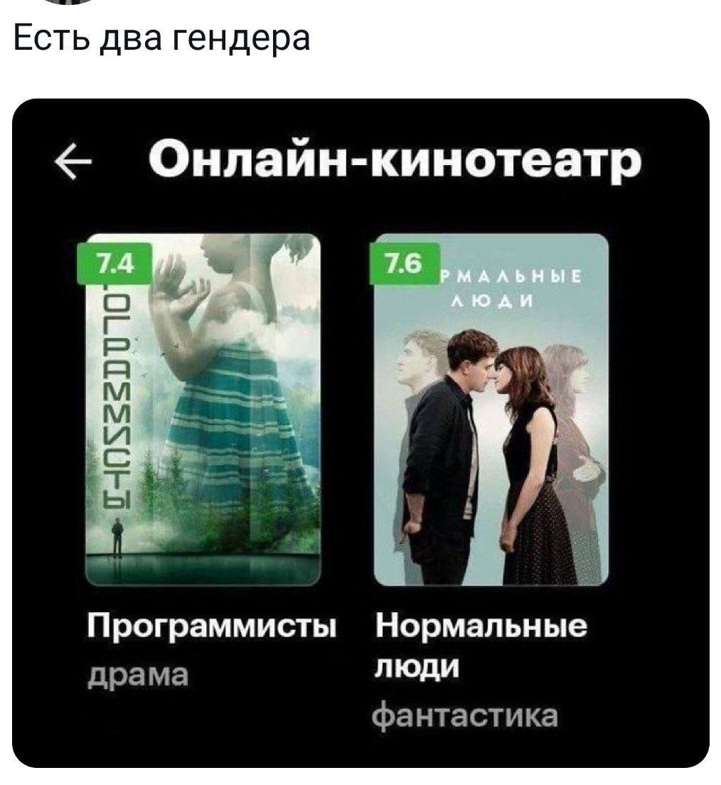 Есть два гендера Онлайн кинотеатр Ш г м м и с __ Ы Программисты Нормальные драма ЛЮДИ Фантастика