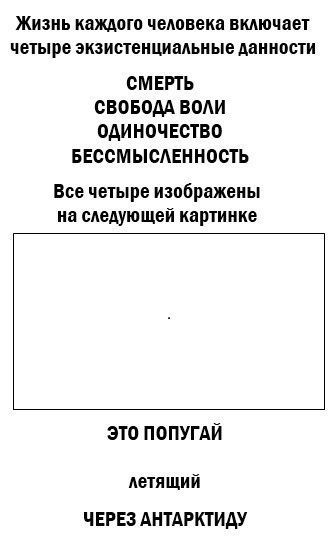 ЖИЗНЬ каждого человека вкиючает четыре экзистенциальные данности СМЕРТЬ СВОБОДА ВОАИ ОДИНОЧЕСТВО БЕССМЫСАЕННОСТЬ Все четыре изображены на следующей картинке ЭТО ПОПУГАЙ летящий ЧЕРЕЗ АНТАРКТИАУ