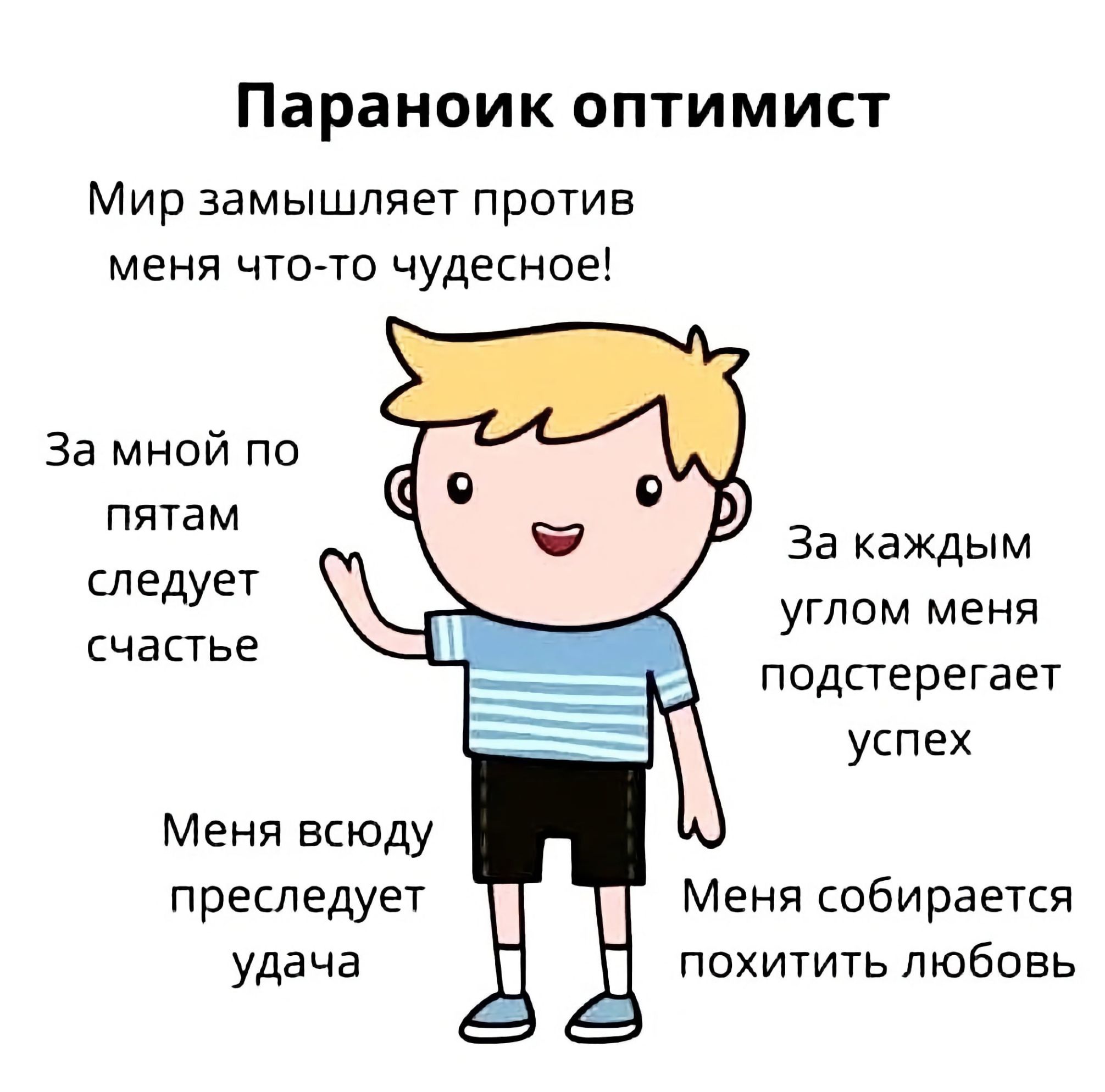 Параноик ОПТИМИСТ Мир замышляет против меня что то чудесное За мной по пятам следует счастье За каждым углом меня подстерегает успех Меня всюду преследует удача Меня собирается похитить любовь