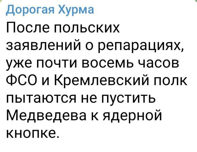 Дорогая Хурма После польских заявлений о репарациях уже почти восемь часов ФСО и Кремлевский полк пытаются не пустить Медведева к ядерной кнопке