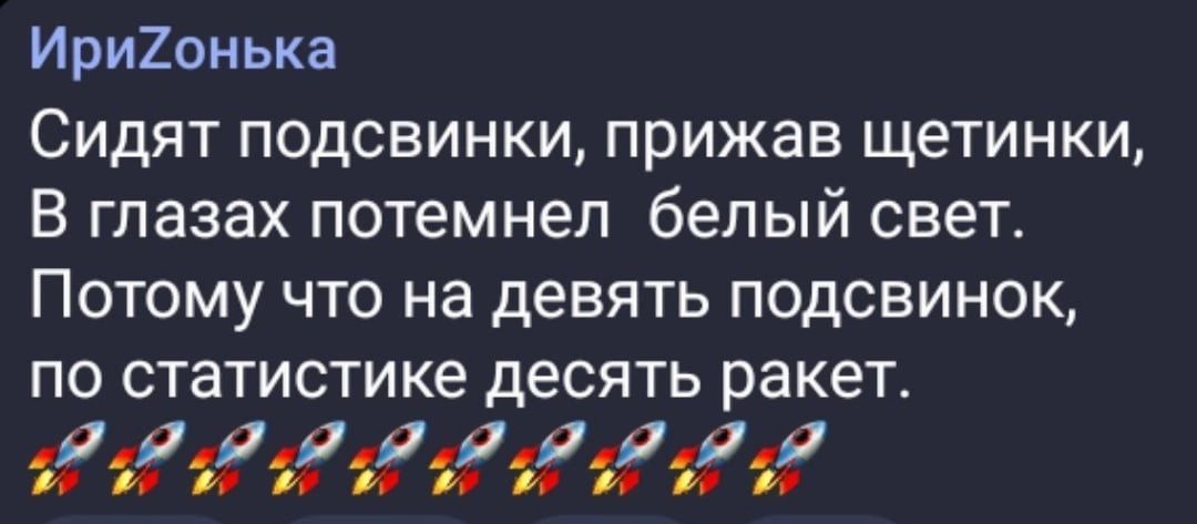 Ири2онька Сидят подсвинки прижав щетинки В глазах потемнеп белый свет Потому что на девять подсвинок по статистике десять ракет ьдьйаъйь