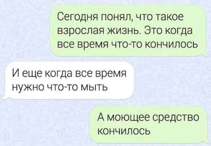 Сегодня понял что такое взрослая ЖИЗНЬ ЭТО КОГДЭ все время что то кончилось И еще когда все время нужно чтото мыть А моющее средство КОНЧИЛОСЬ