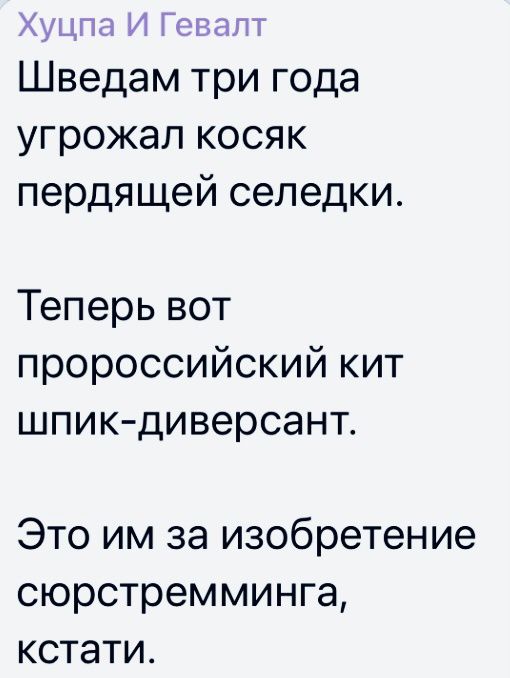 Хуцпа И Гевапт Шведам три года угрожал косяк пердящей селедки Теперь вот пророссийский кит шпик диверсант Это им за изобретение сюрстремминга кстати