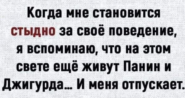 Когда мне становится стыдно за своё поведение я вспоминаю что на этом свете ещё живут Панин и джигУРда_ И меня отпускает