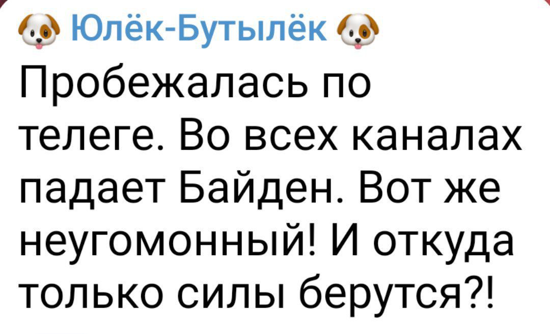 дд Юпёк Бутыпёк дд Пробежалась по телеге Во всех каналах падает Байден Вот же неугомонный И откуда только силы берутся