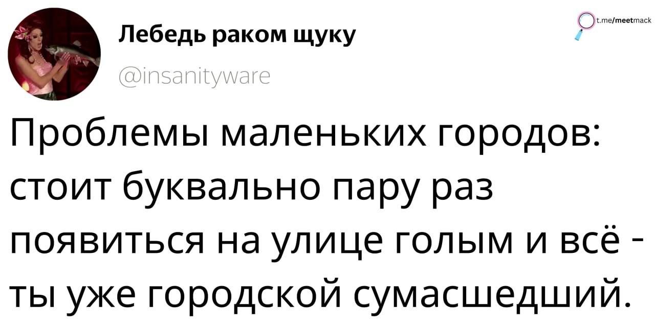 Лебедь раком щуку Проблемы маленьких городов стоит буквально пару раз появиться на улице голым и всё ты уже городской сумасшедший
