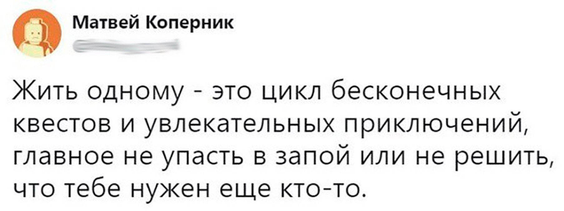 Матвей Копцриик Жить одному это цикл бесконечных квестов и увлекательных приключений главное не упасть в запой или не решить что тебе нужен еще ктойто