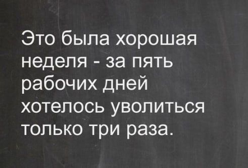 Это была хорошая неделя за пять рабочих дней хотелось уволиться только три раза