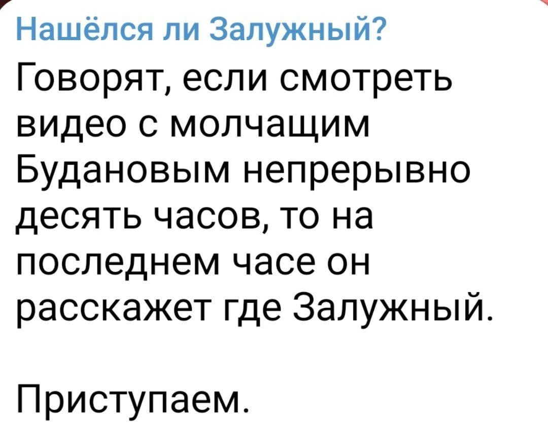 Нашёлся пи Залужный Говорят если смотреть видео с молчащим Будановым непрерывно десять часов то на последнем часе он расскажет где Залужный Приступаем