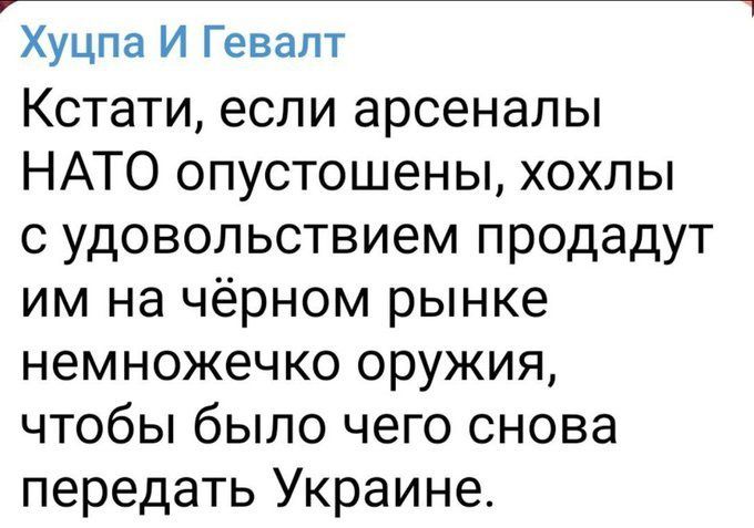 7_ Хуцпа И Гевапт Кстати если арсеналы НАТО опустошены хохпы с удовольствием продадут им на чёрном рынке немножечко оружия чтобы было чего снова передать Украине