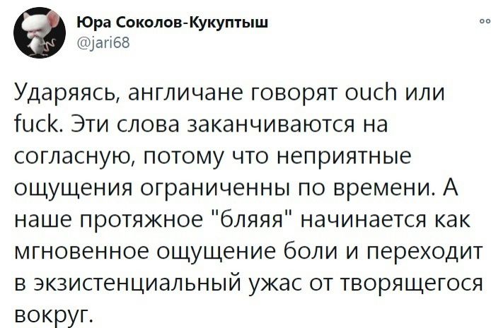 юр Соколавгкукуптыш ь днев Ударяясь англичане говорят сиси или ЮСК Эти слова заканчиваются на согласную потому что неприятные ощущения ограниченны по времени А наше протяжное бпяяя начинается как мгновенное ощущение боли и переходит в экзистенциальный ужас от творящегося вокругт