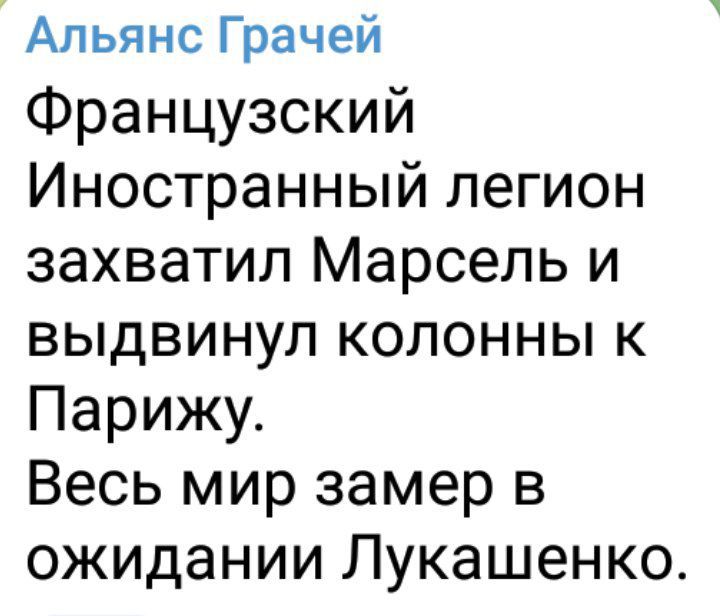 Альянс Грачей Французский Иностранный легион захватил Марсель и выдвинул колонны к Парижу Весь мир замер в ожидании Лукашенко