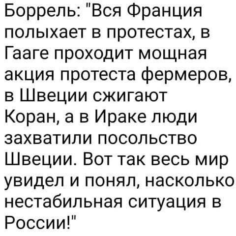 Боррель Вся Франция полыхает в протестах в Гааге проходит мощная акция протеста фермеров в Швеции сжигают Коран а в Ираке люди захватили посольство Швеции Вот так весь мир увидел и понял насколько нестабильная ситуация в России