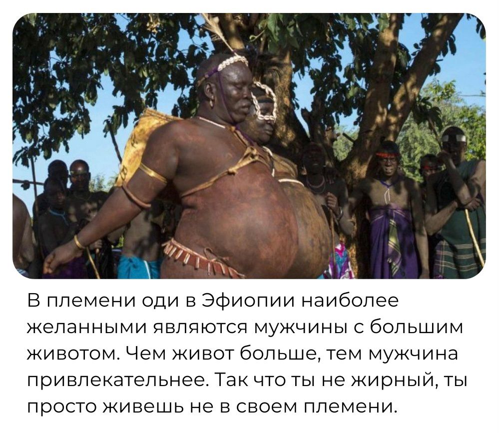 в племени оди в Эфиопии наиболее желанными пвппются мужчины с большим животом Чем живот больше Тем мужчина привлекательнее Так что ты не жирный ты просто живешь не в своем племени