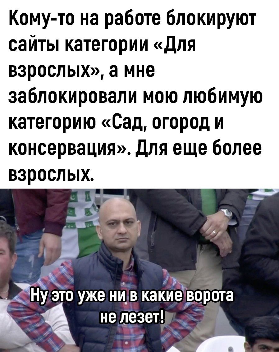 Кому то на работе блокируют сайты категории Для взрослых а мне заблокировали мою любимую категорию Сад огород и консервация Для еще Более взрослых _ Еду это уже ни_в каки _ не лезет