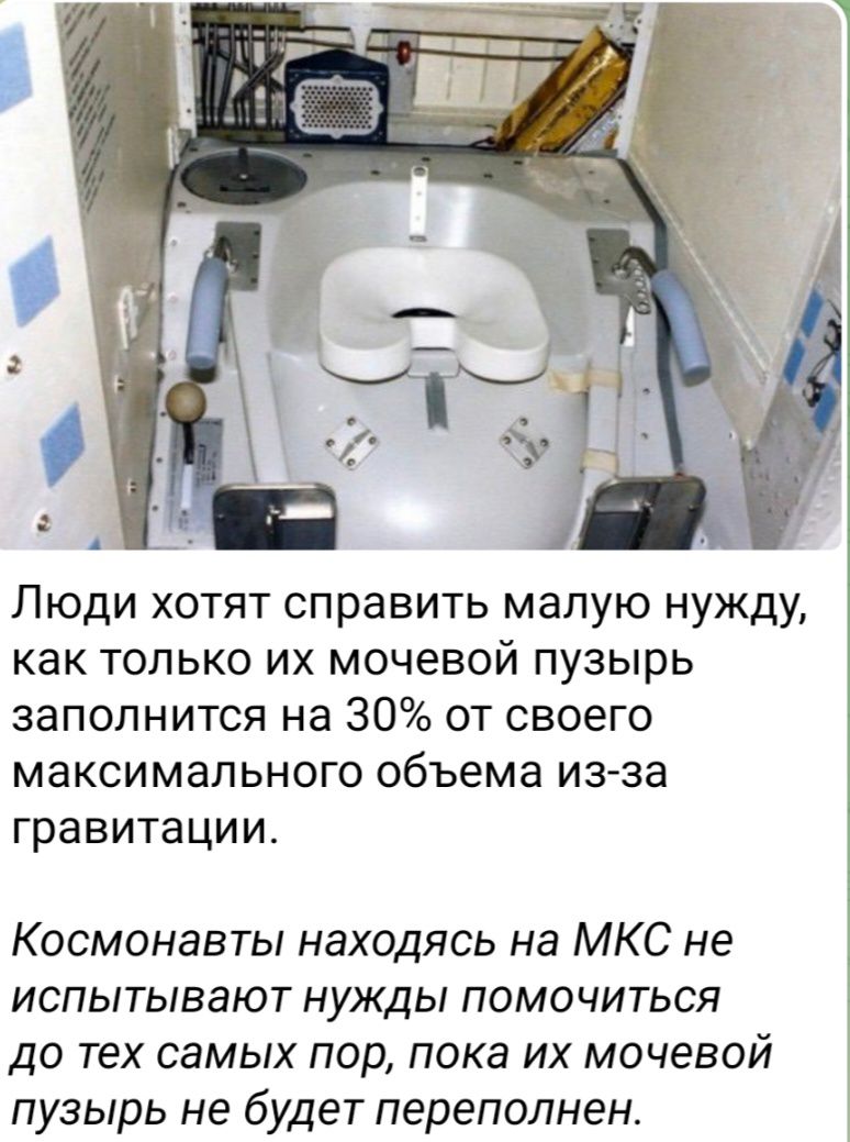 Люди хотят справить малую нужду как только их мочевой пузырь заполнится на 30 от своего максимального объема изза гравитации Космонавты находясь на МКС не ИСПЫТЫВЗЮТ НУЖДЫ ПОМОЧИТЬСЯ до тех самых пор пока их мочевой пузырь не будет переполнен