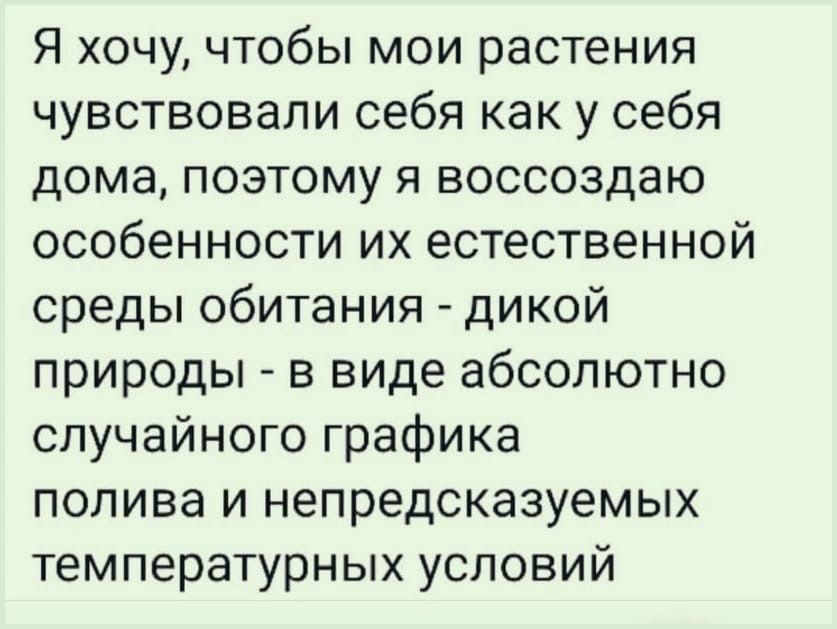 Я хочу чтобы мои растения чувствовали себя как у себя дома поэтому я воссоздаю особенности их естественной среды обитания дикой природы в виде абсолютно случайного графика полива и непредсказуемых температурных условий