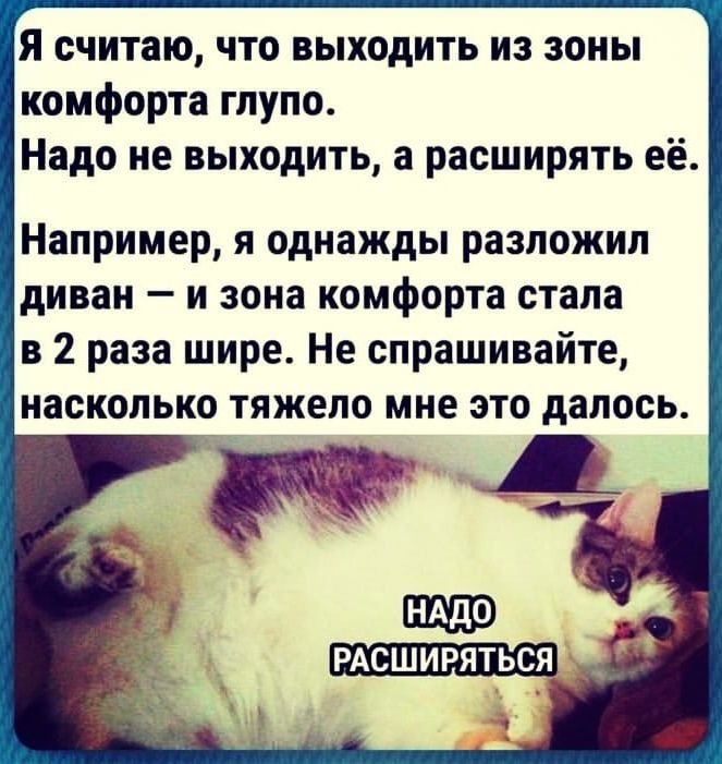 Я считаю что выходить из зоны комфорта глупо Надо не выходить а расширять её Например я однажды разложил диван и зона комфорта стала в 2 раза шире Не спрашивайте насколько тяжело мне это далось