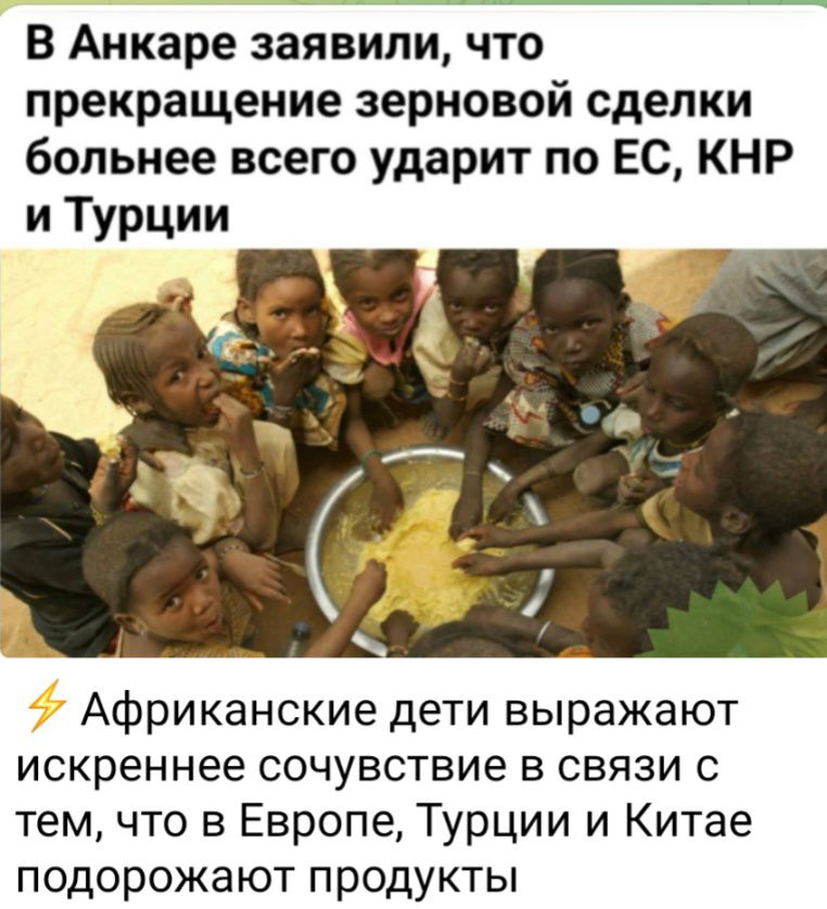 В Анкаре заявили что прекращение зерновой сделки больнее всего ударит по ЕС КНР и Турции Африканские дети выражают искреннее СОЧУВСТВИЭ В СВЯЗИ С тем что в Европе Турции и Китае подорожают продукты