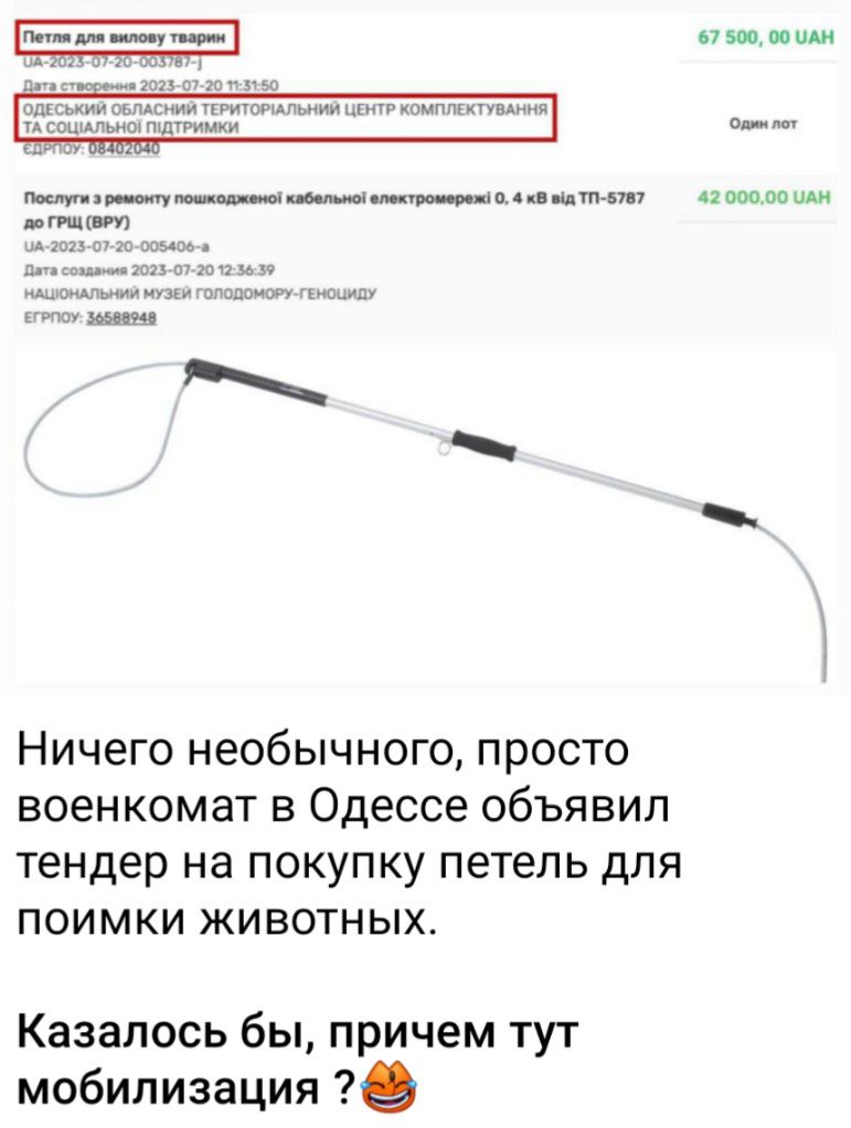 пив вши Ничего необычного ПРОСТО ВОЭНКОМЭТ В Одессе ОбЪЯВИП Тендер на ПОКУПКУ петель ДЛЯ ПОИМКИ ЖИВОТНЫХ Казалось бы причем тут мобилизация 17