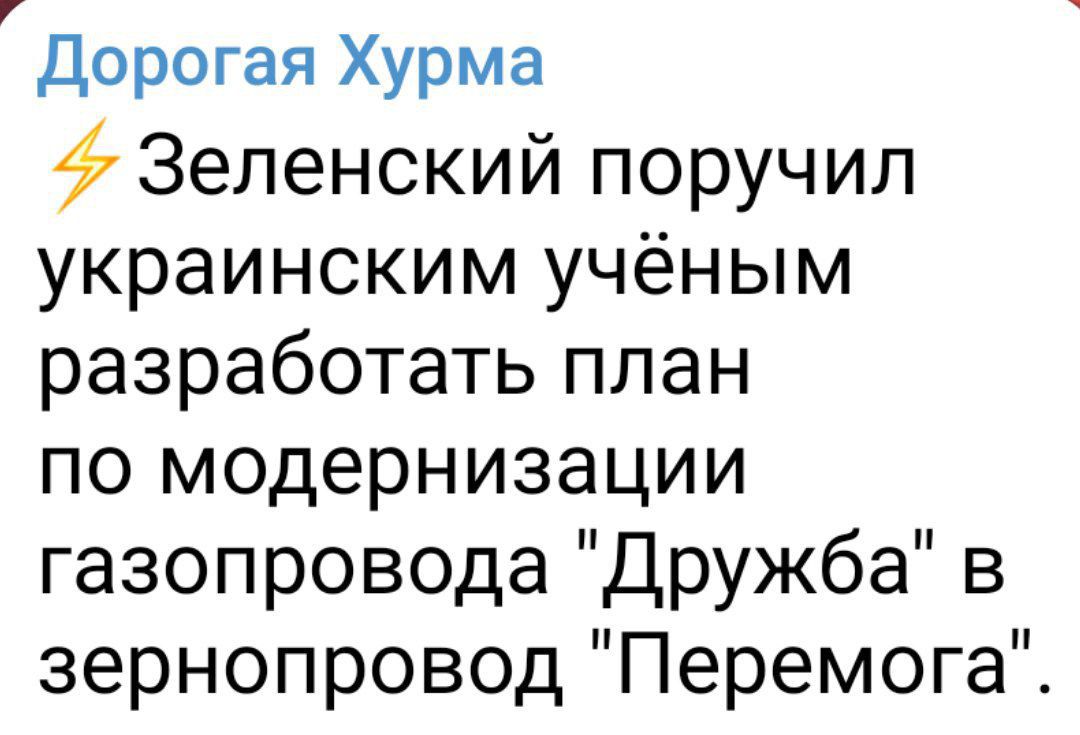 Дорогая Хурма Зеленский поручил украинским учёным разработать план по модернизации газопровода Дружба в зернопровод Перемога