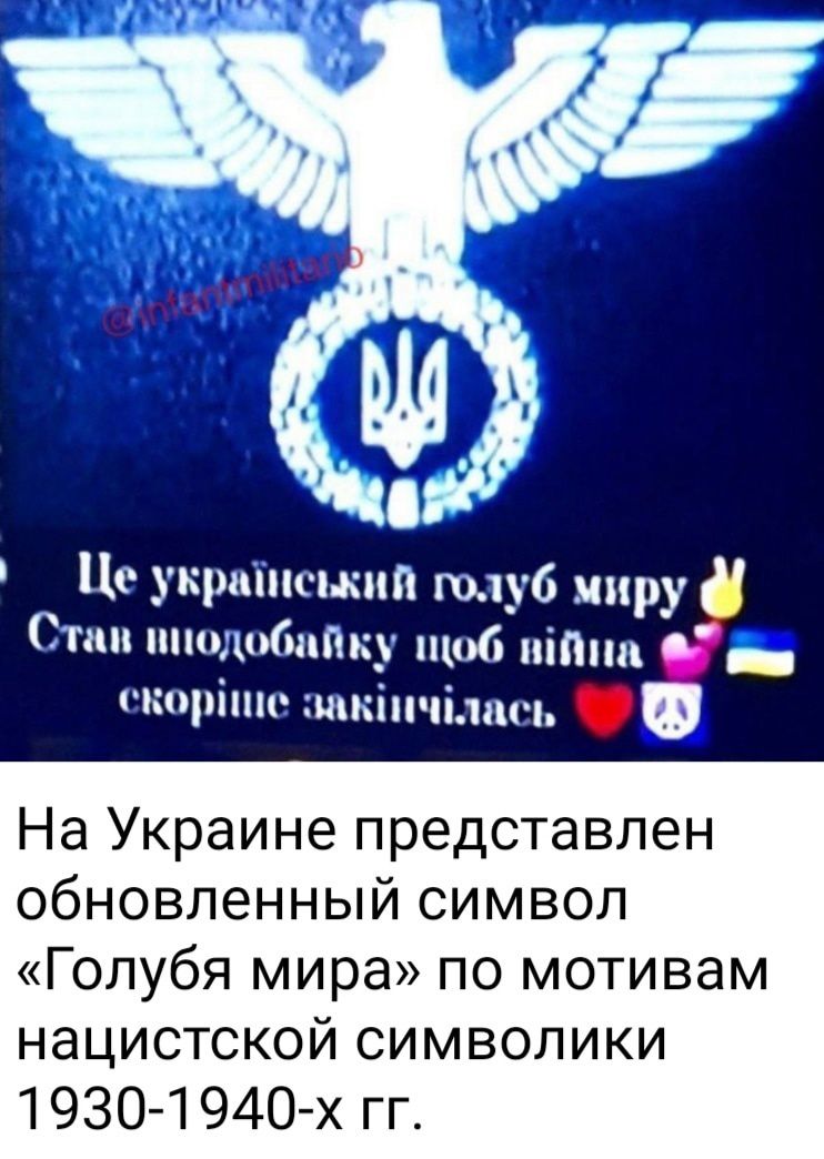Це укра Шшшш юлуб миру Стин пшщобпПкч На Украине представлен обновленный символ Голубя мира по мотивам нацистской символики 1930 1940 х гг